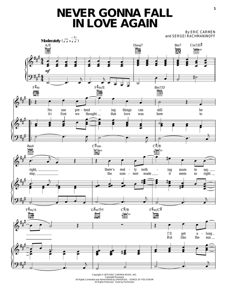 Never Gonna Fall In Love Again Piano, Vocal, Guitar scores gallery preview page 1