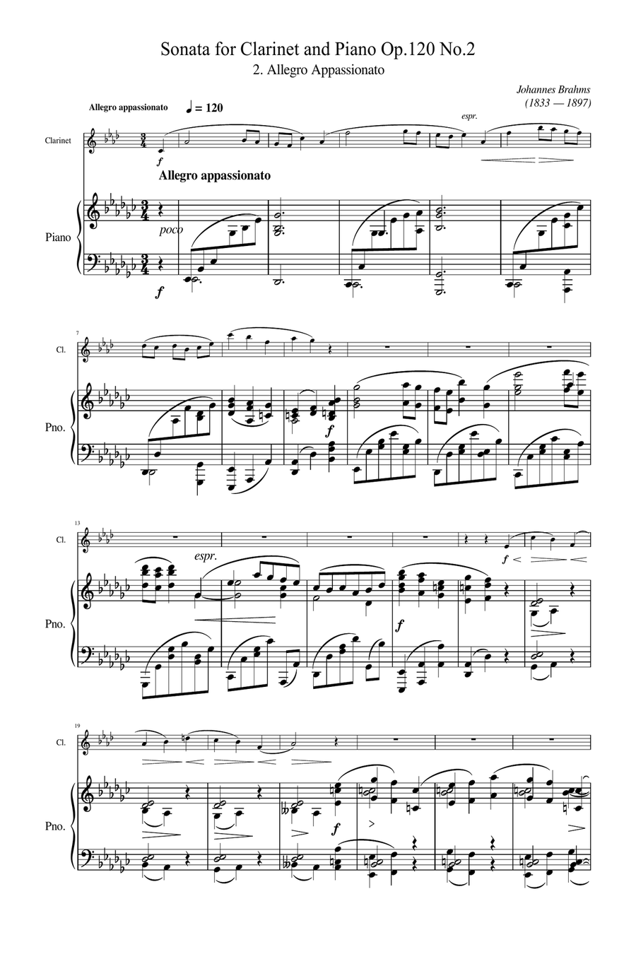 Brahms - Sonata for Clarinet and Piano Op.120 No.2 (2nd Mov) - Original Score and Parts B-Flat Clarinet scores gallery preview page 1
