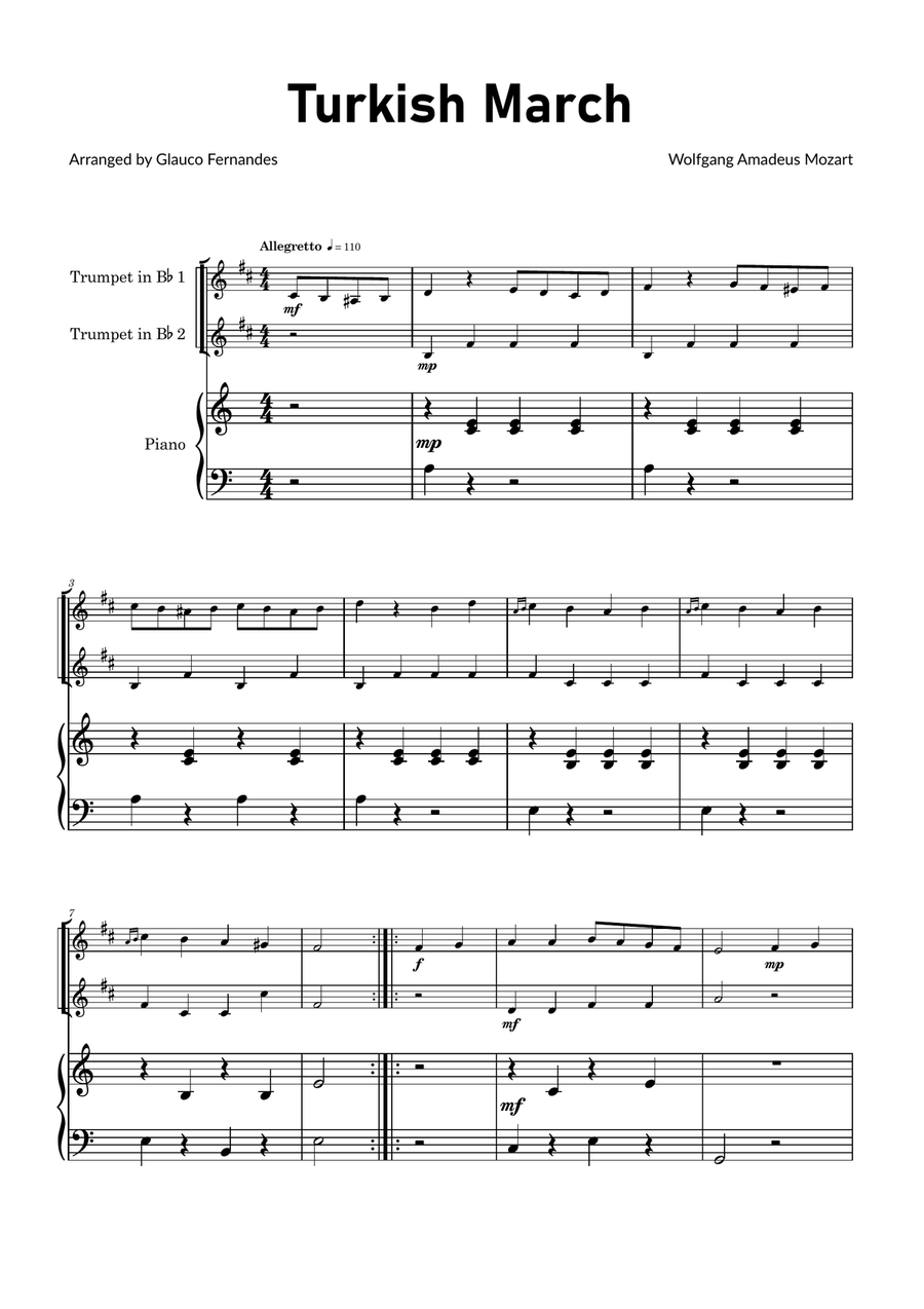 Turkish March by Mozart - Trumpet Duet with Piano Trumpet Duet scores gallery preview page 1