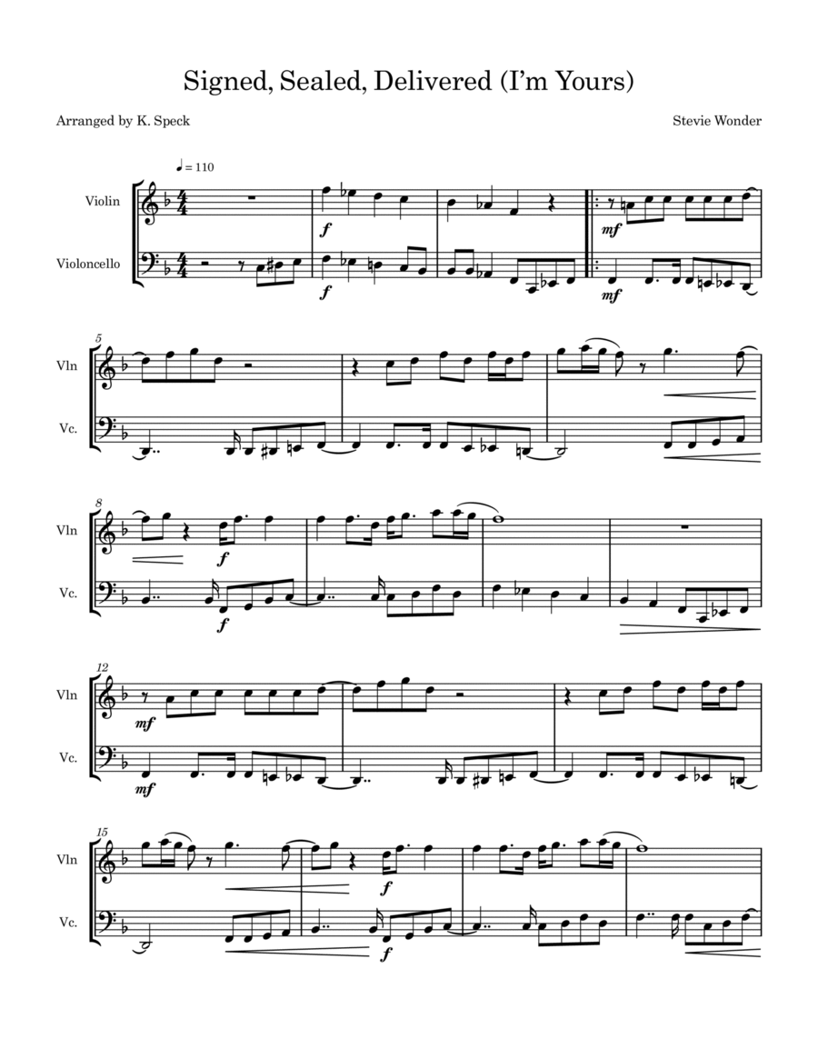 Signed, Sealed, Delivered I'm Yours String Duet scores gallery preview page 1