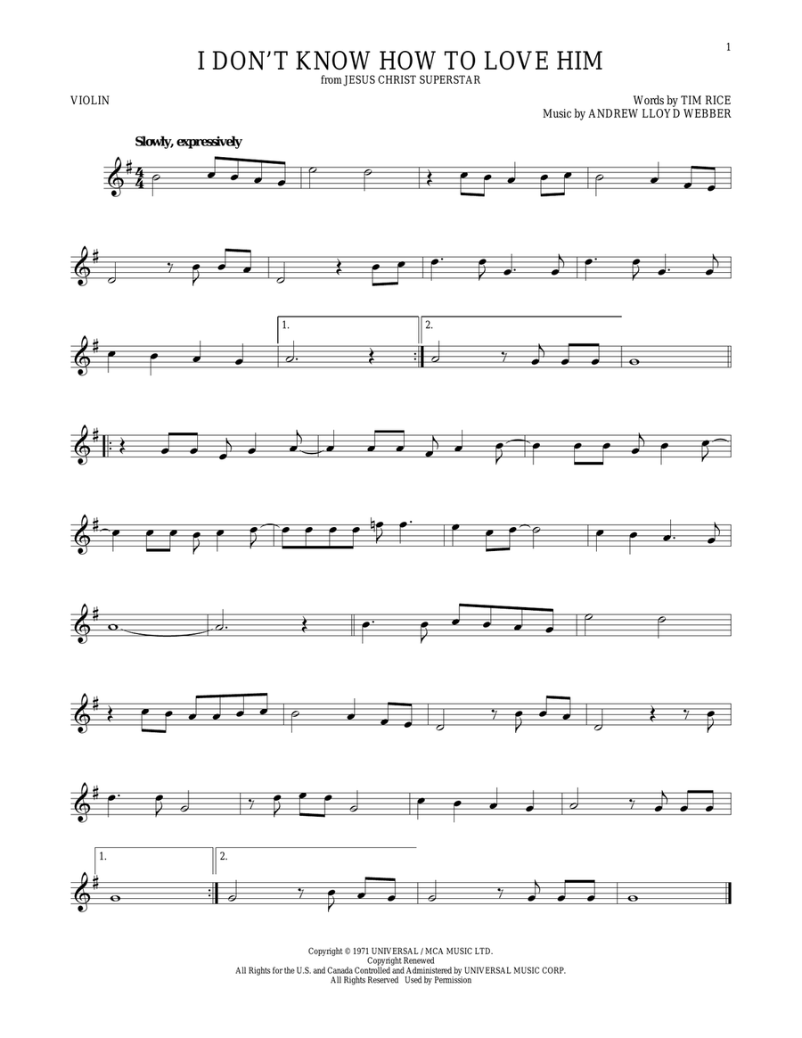 I Don't Know How To Love Him Violin Solo scores gallery preview page 1
