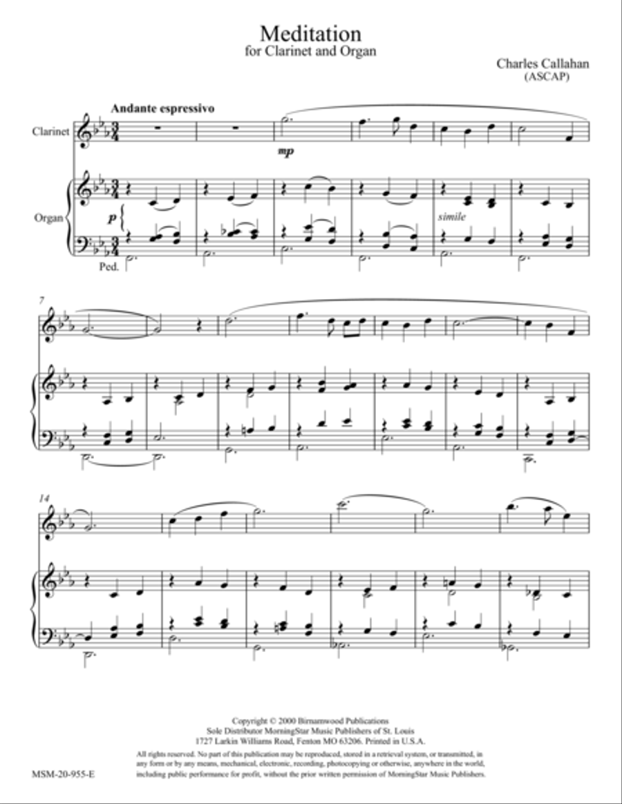 Meditation for Clarinet and Organ Clarinet scores gallery preview page 1