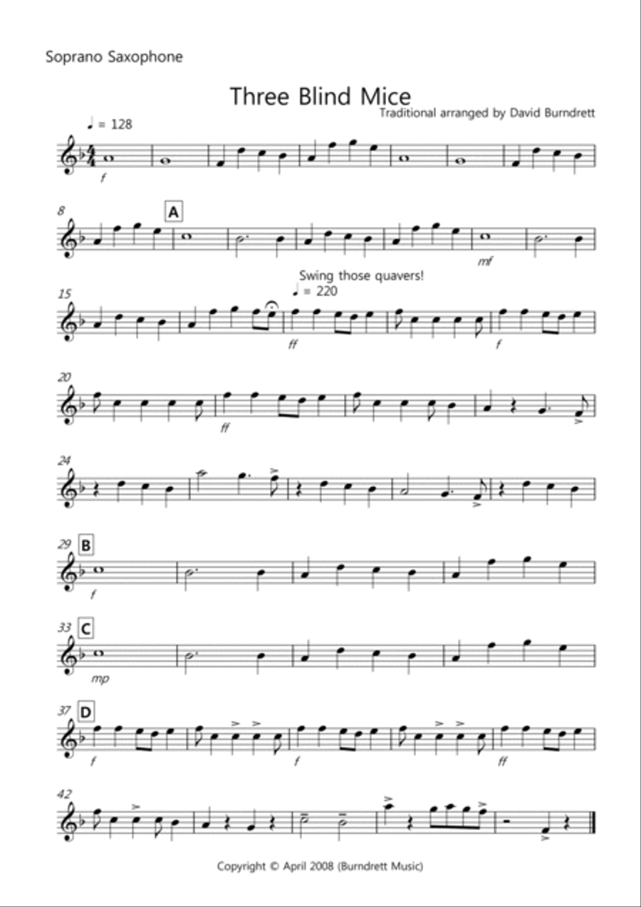 Three Blind Mice for Saxophone Quartet Saxophone Quartet scores gallery preview page 3