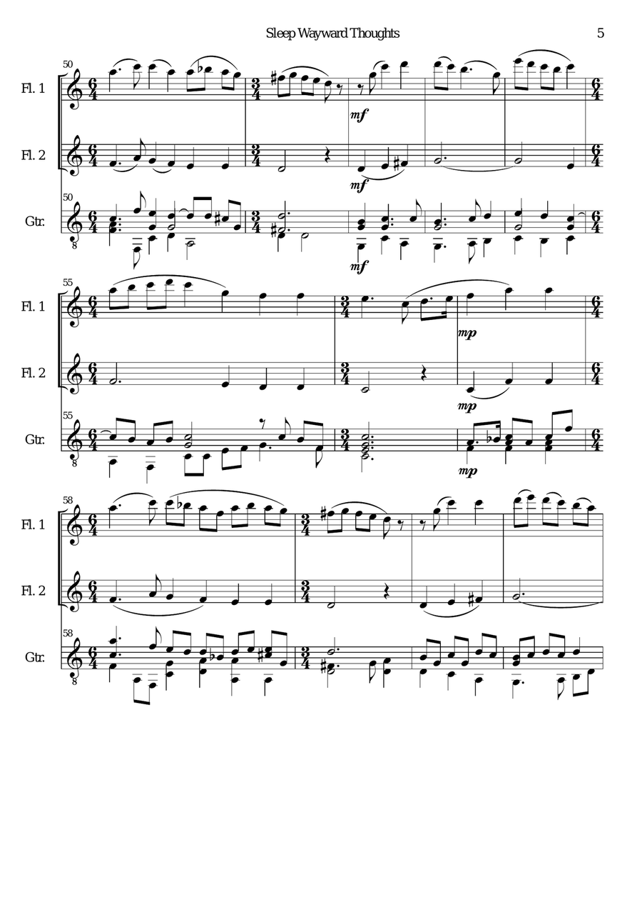 Sleep wayward thoughts for 2 flutes and guitar Flute scores gallery preview page 5