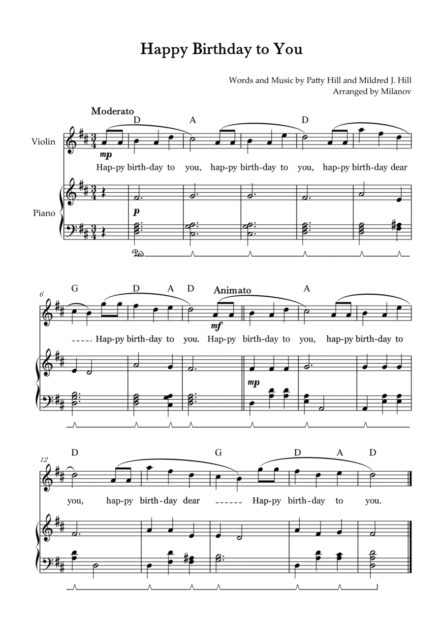 Happy Birthday to You | Violin | D Major | Piano accompaniment | Pedal | Chords | Lyrics Violin Solo scores gallery preview page 1