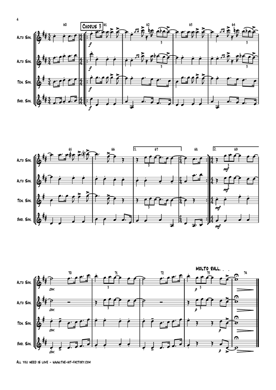 All You Need Is Love Saxophone Quartet scores gallery preview page 4