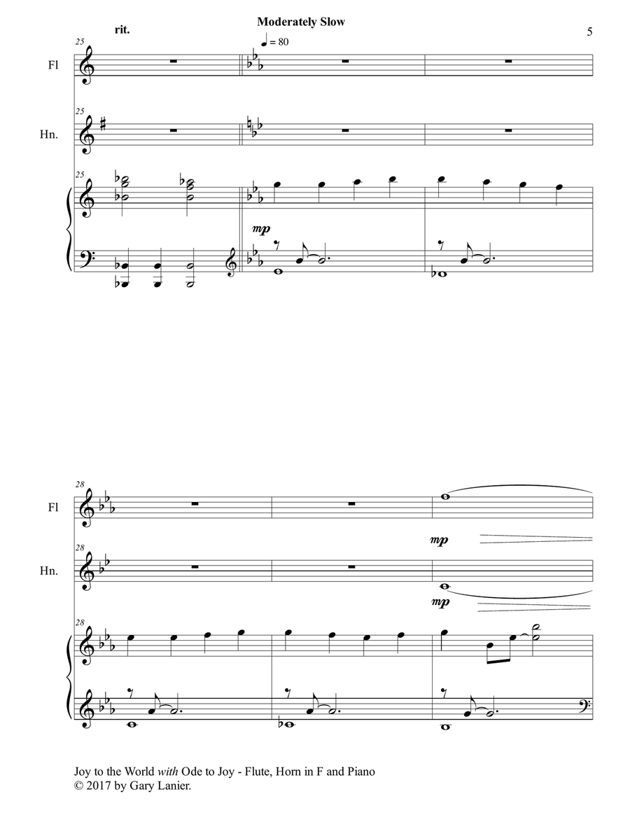 JOY TO THE WORLD with ODE TO JOY (Trio - Flute, Horn in F with Piano & Score/Part) Woodwind Duet scores gallery preview page 6