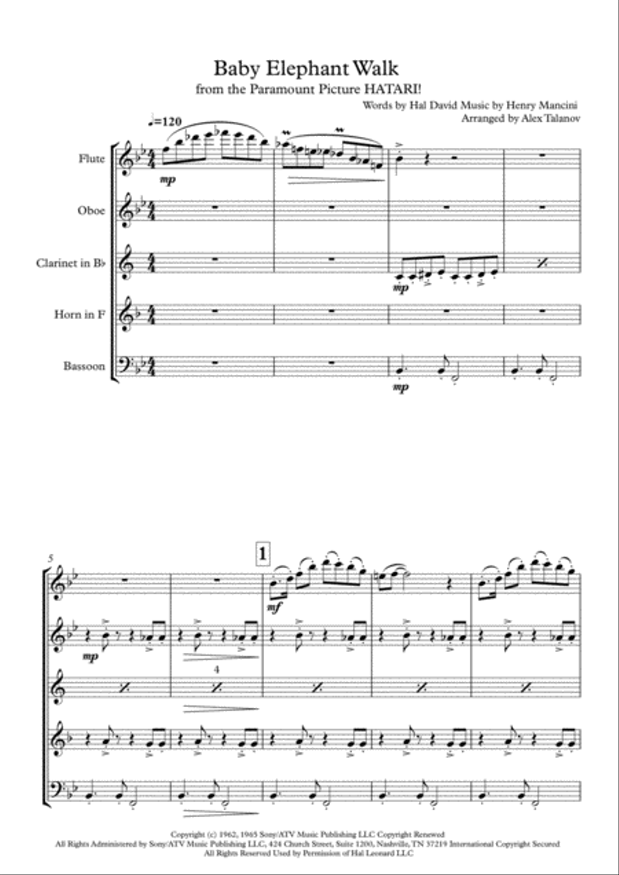 Baby Elephant Walk from the Paramount Picture HATARI! Woodwind Quintet scores gallery preview page 2