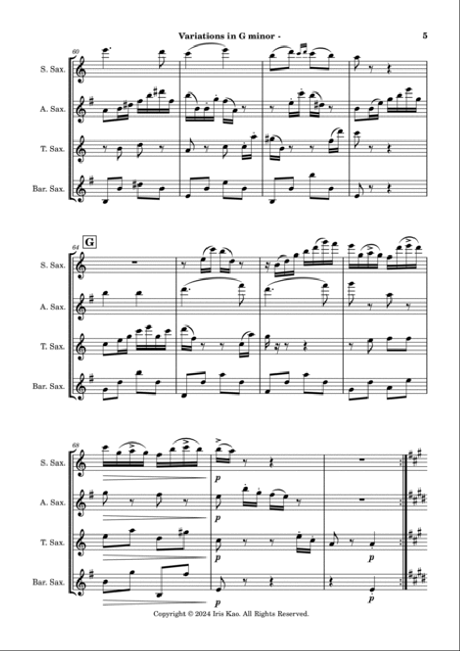 Variations in G minor (Saxophone Quartet) Saxophone Quartet scores gallery preview page 5