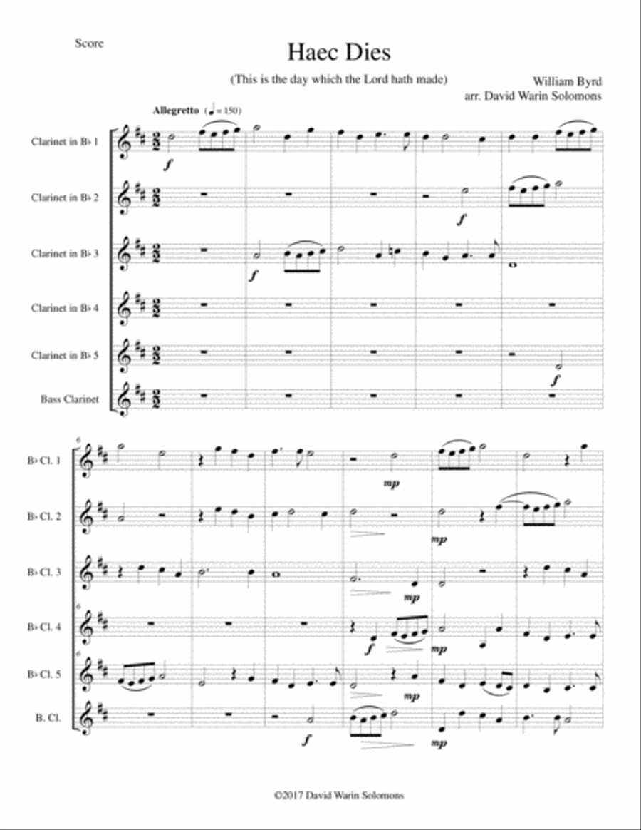 Haec Dies for clarinet sextet (5 B flat clarinets and 1 Bass clarinet) B-Flat Clarinet scores gallery preview page 1