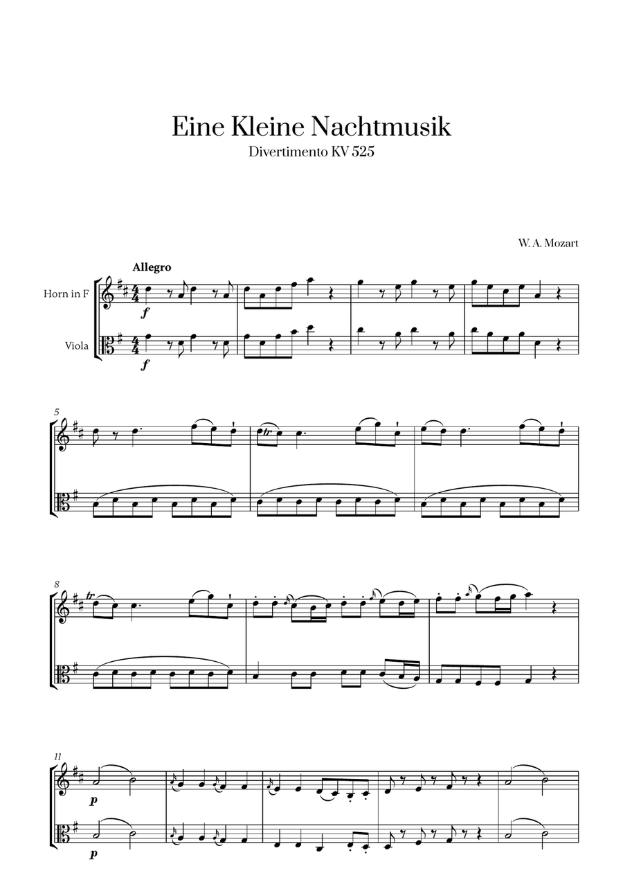 W. A. Mozart - Eine Kleine Nachtmusik (for French Horn and Viola) Horn scores gallery preview page 1
