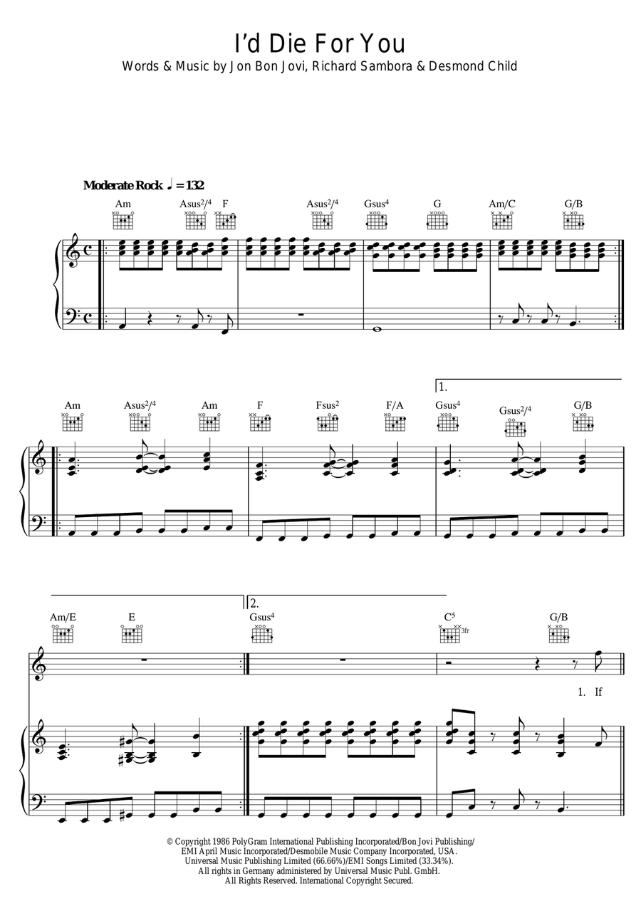 I'd Die For You Piano, Vocal scores gallery preview page 1