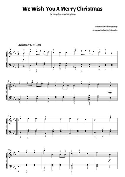 We Wish You A Merry Christmas (easy-intermediate piano in Eb major – clean with fingering) image number null