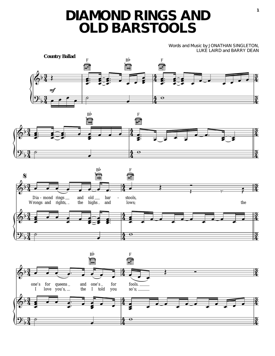 Diamond Rings And Old Barstools Piano, Vocal, Guitar scores gallery preview page 1