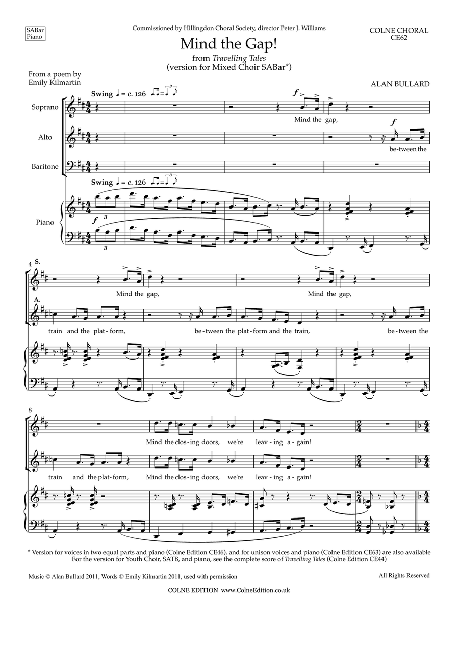 Mind the Gap! (mixed voices SABar, and piano) 3-Part scores gallery preview page 1