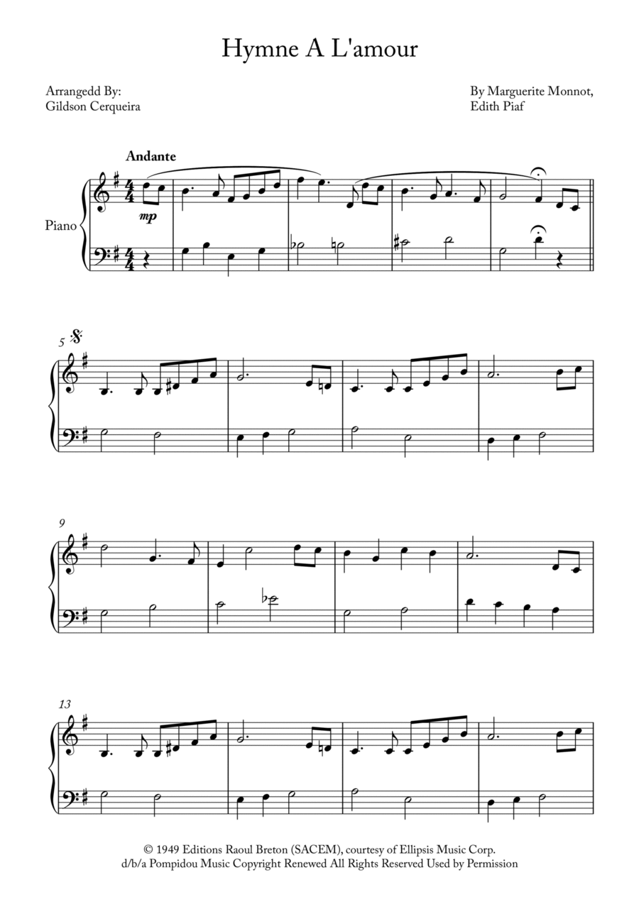 Hymne A L'amour Easy Piano scores gallery preview page 1
