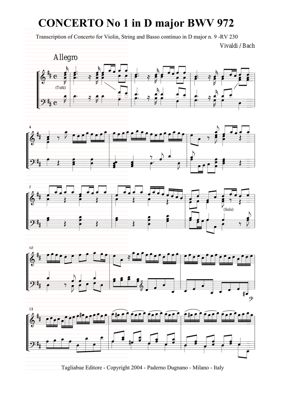 VIVALDI-BACH - Bwv 972 - Transcription for Piano/Organ of Concerto in D major n. 9 - RV 230 by Anto Harpsichord scores gallery preview page 1