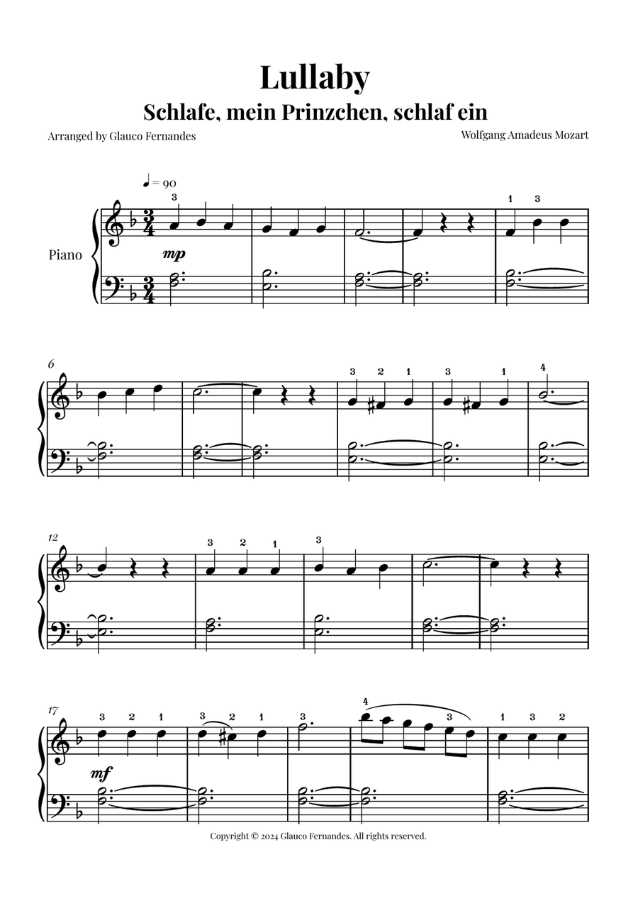Mozart's Lullaby - Easy Piano Arrangement Piano Method scores gallery preview page 1