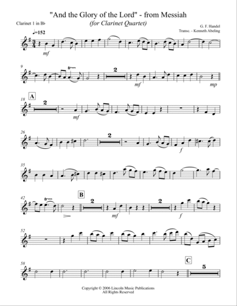 Handel - And the Glory of the Lord from Messiah (for Clarinet Quartet) Clarinet Quartet scores gallery preview page 6