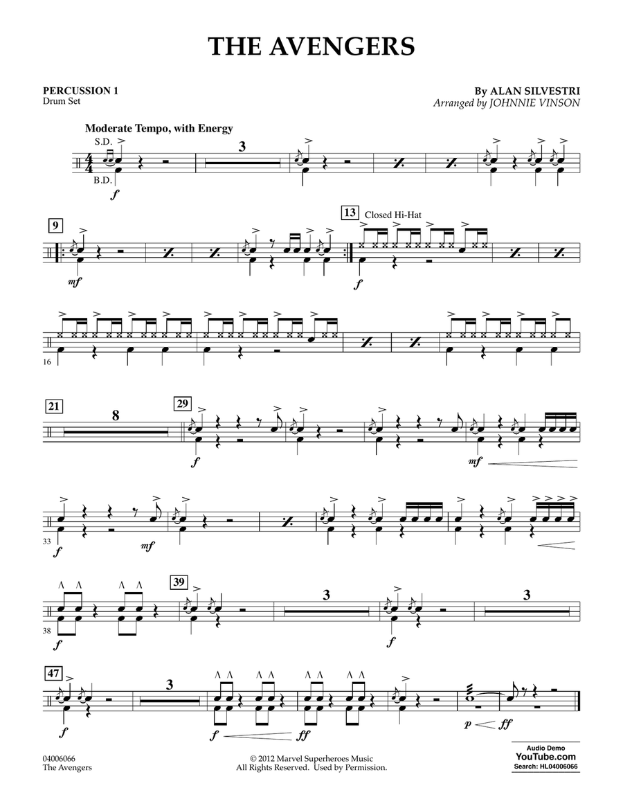 The Avengers (arr. Johnnie Vinson) - Percussion 1 Concert Band scores gallery preview page 1