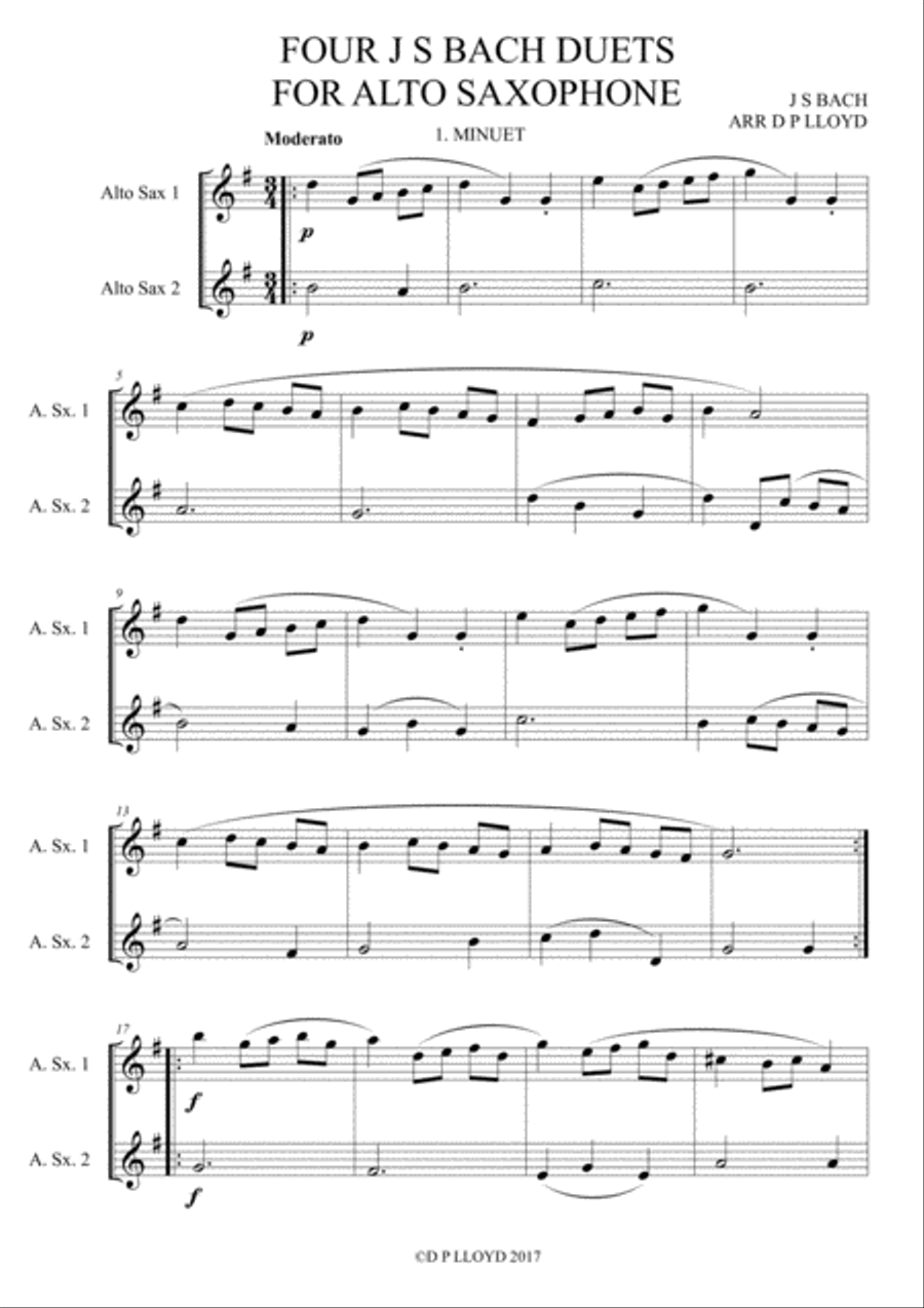 Alto Saxophone duets - 4 duets from Bach's 'Little notebook'. Woodwind Duet scores gallery preview page 2