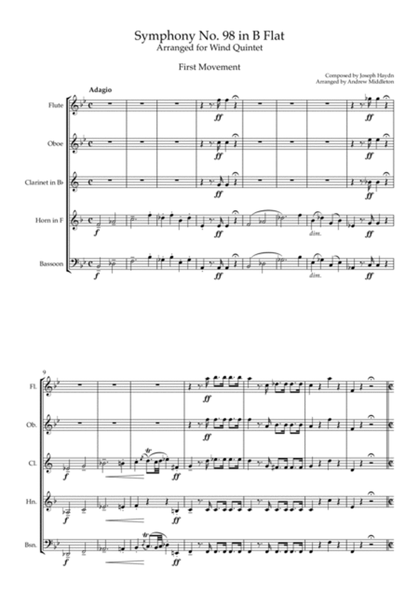 Haydn Symphony 98 First Movement arranged for Wind Quintet image number null