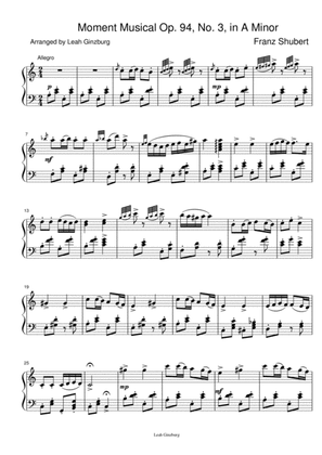 Moment Musical by Franz Shubert Op. 94, No. 3, in A Minor