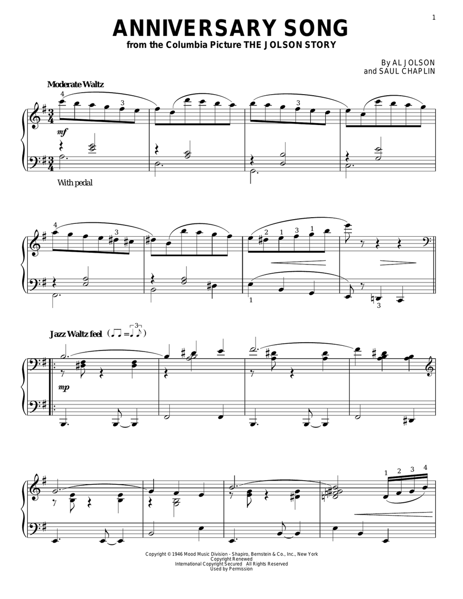 Anniversary Song Piano Solo scores gallery preview page 1