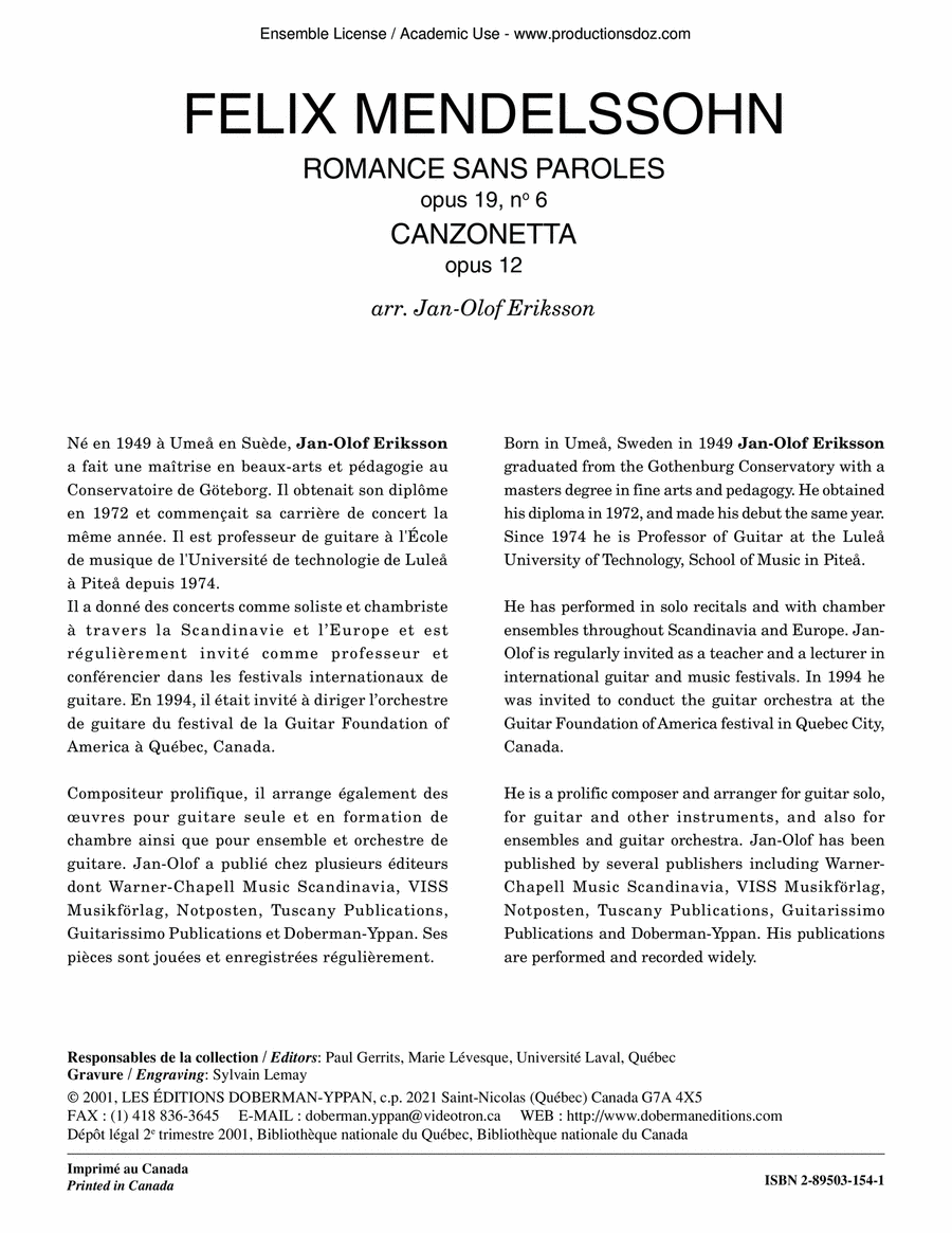 Romances sans paroles op. 19 & Canzonetta op. 12 Guitar Ensemble scores gallery preview page 1