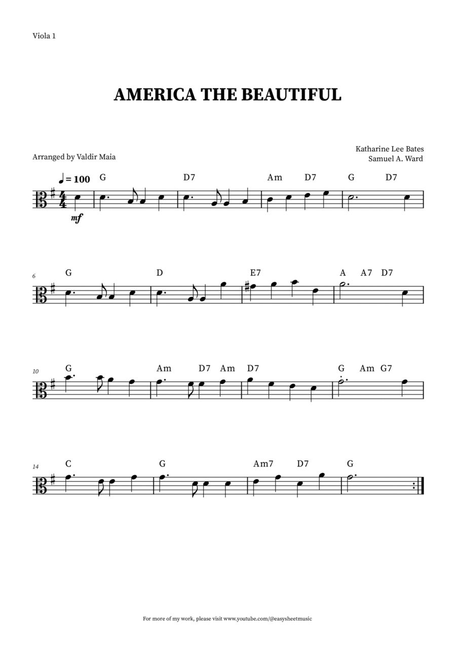 America The Beautiful - Viola Solo (+ CHORDS) Viola Solo scores gallery preview page 1
