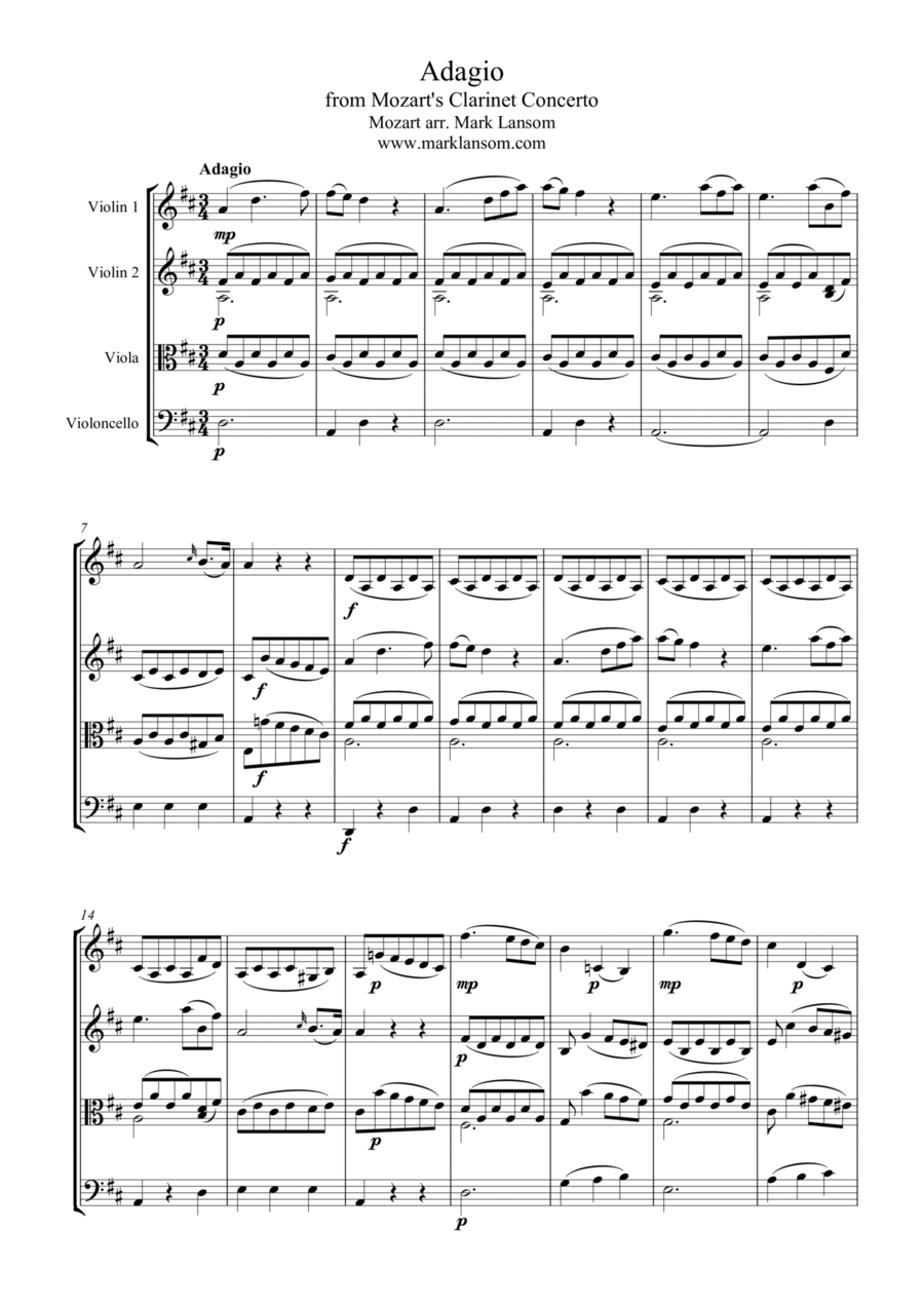 Adagio from Mozart's Clarinet Concerto for String Quartet String Quartet scores gallery preview page 1