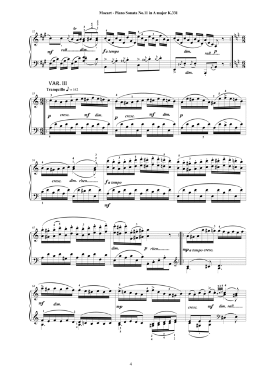 Mozart - Piano Sonata No.11 in A major K 331 - Complete score Piano Solo scores gallery preview page 4