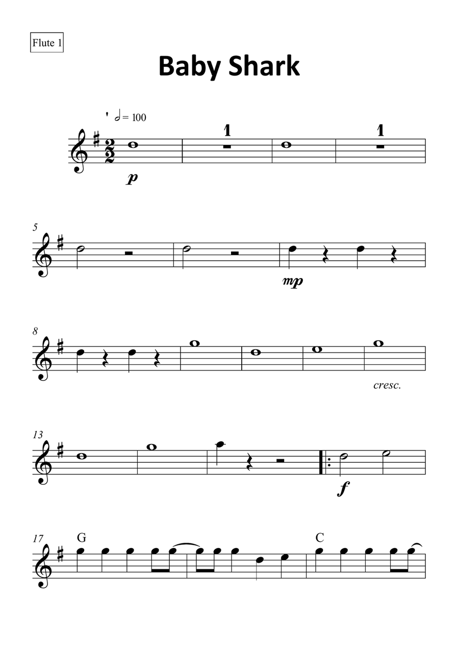 Baby Shark Flute Duet scores gallery preview page 4