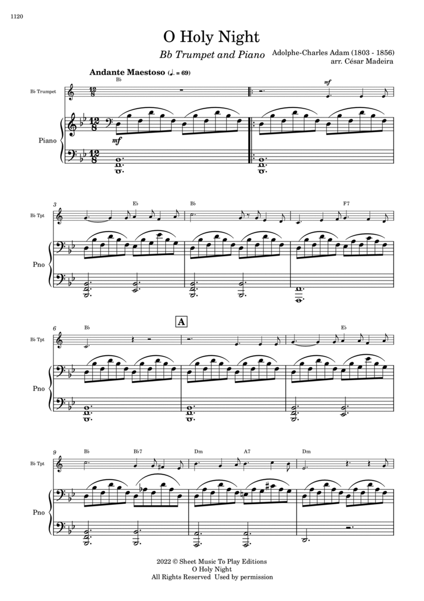 O Holy Night - Bb Trumpet and Piano - W/Chords (Full Score and Parts) image number null