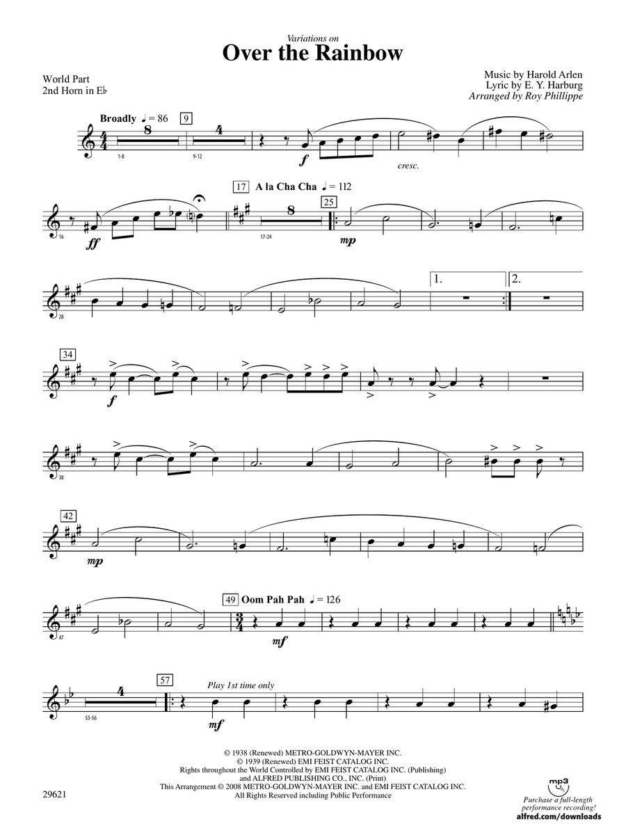 Over the Rainbow (from The Wizard of Oz), Variations on: (World Part) 2nd Horn in E-flat