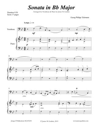 Book cover for Telemann: Sonata in Bb Major for Trombone & Piano