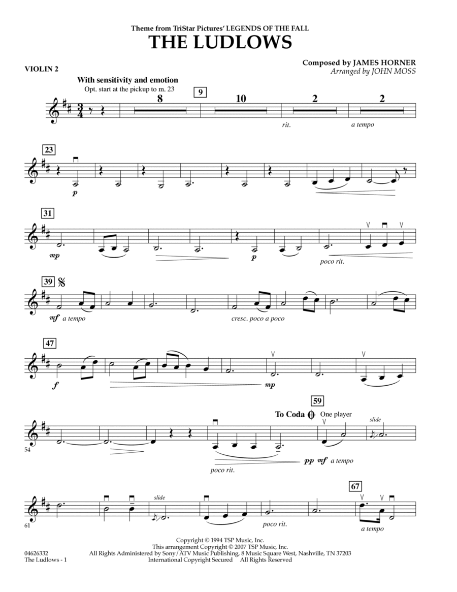 The Ludlows (Theme from Legends of the Fall) - Violin 2 Violin scores gallery preview page 1
