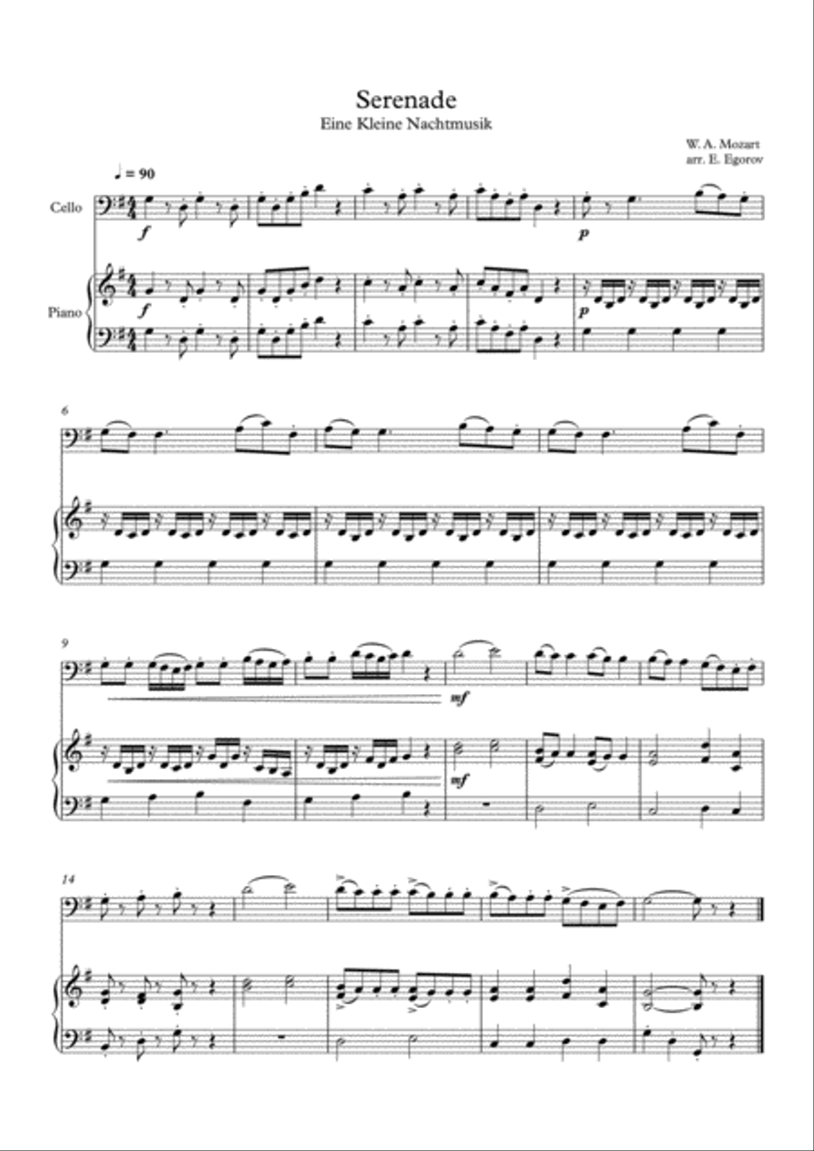 Serenade (Eine Kleine Nachtmusik), Wolfgang Amadeus Mozart, For Cello & Piano Piano scores gallery preview page 1