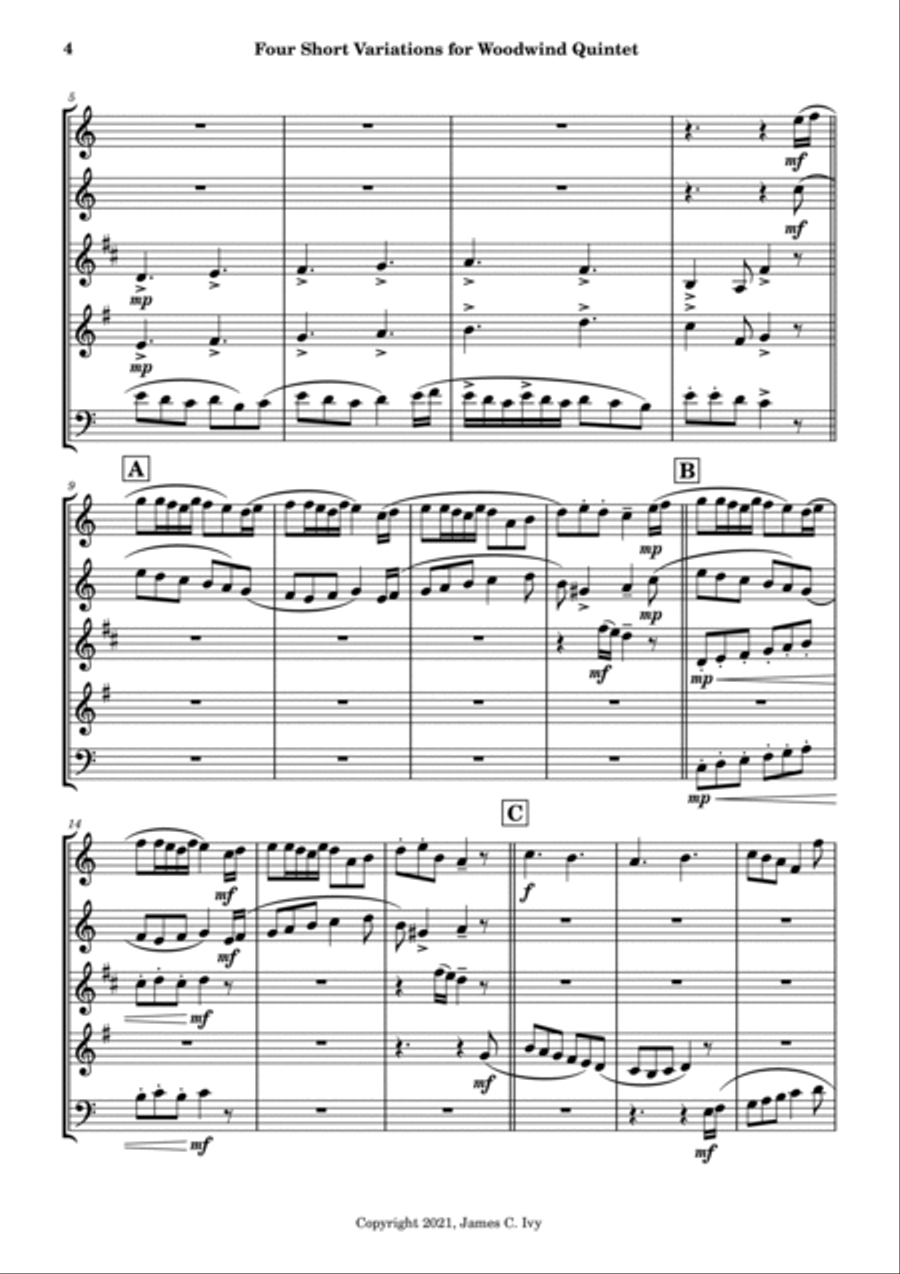 Four Short Variations for Woodwind Quintet Woodwind Quintet scores gallery preview page 5
