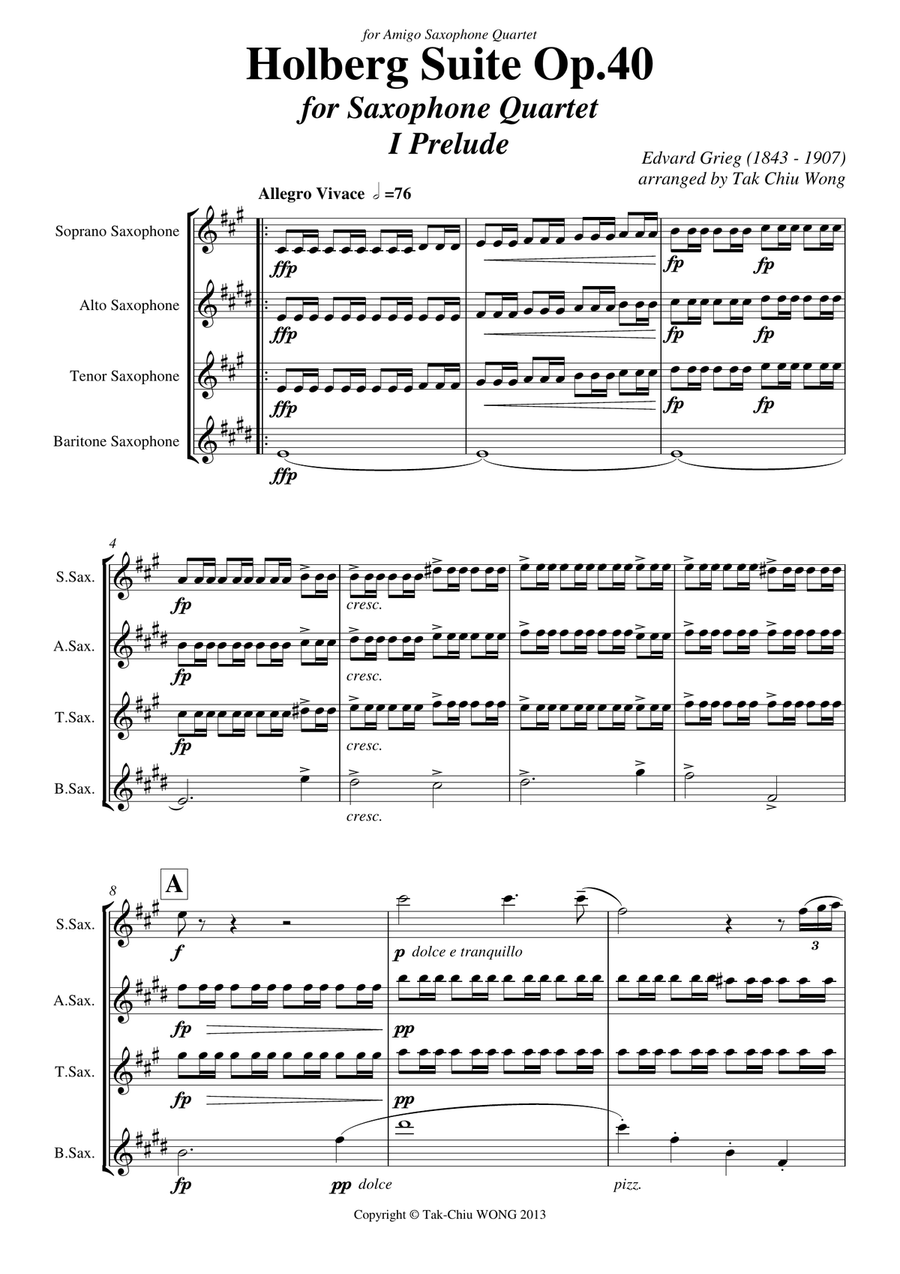 Holberg Suite arranged for Saxophone Quartet Score and Parts