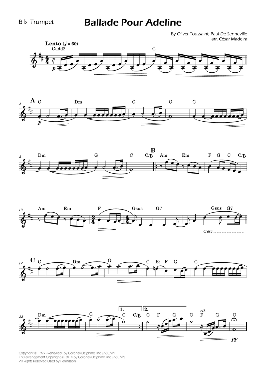 Ballade Pour Adeline B-Flat Trumpet scores gallery preview page 1