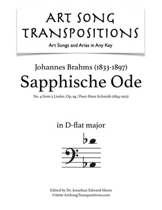 Book cover for BRAHMS: Sapphische Ode, Op. 94 no. 4 (transposed to D-flat major, bass clef)