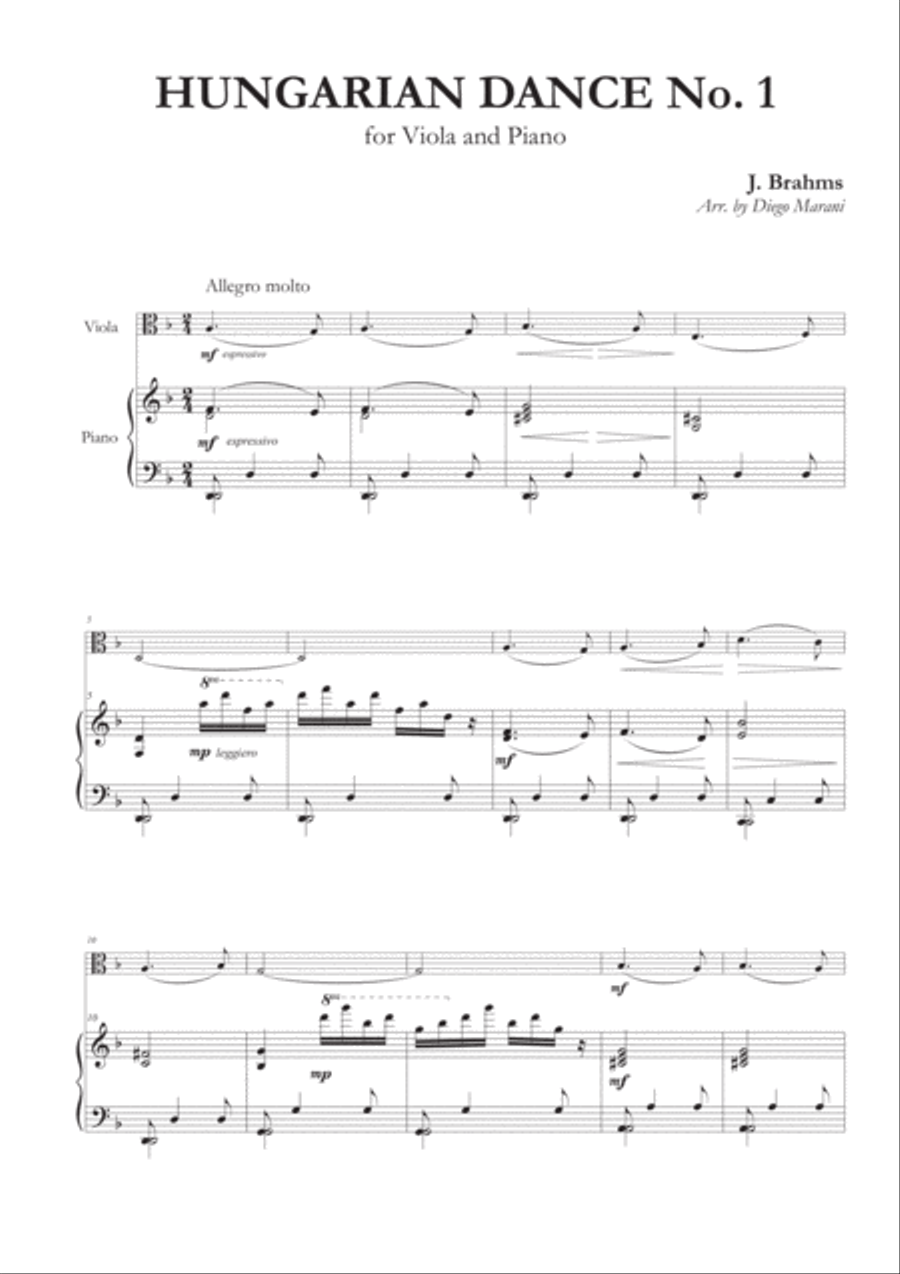 Hungarian Dances Nos. 1-5 for Viola and Piano Piano scores gallery preview page 1