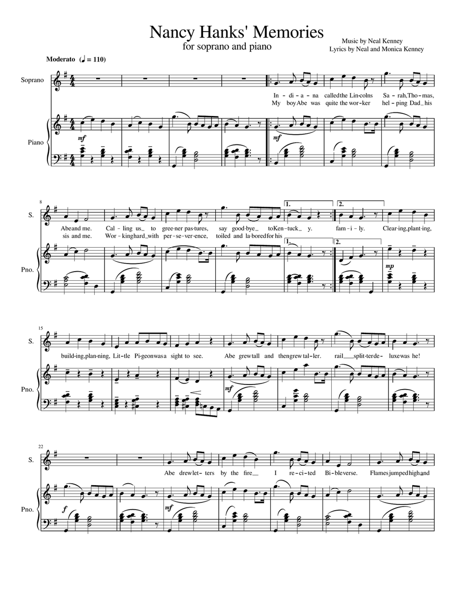 Nancy Hanks' Memories Piano, Vocal scores gallery preview page 1