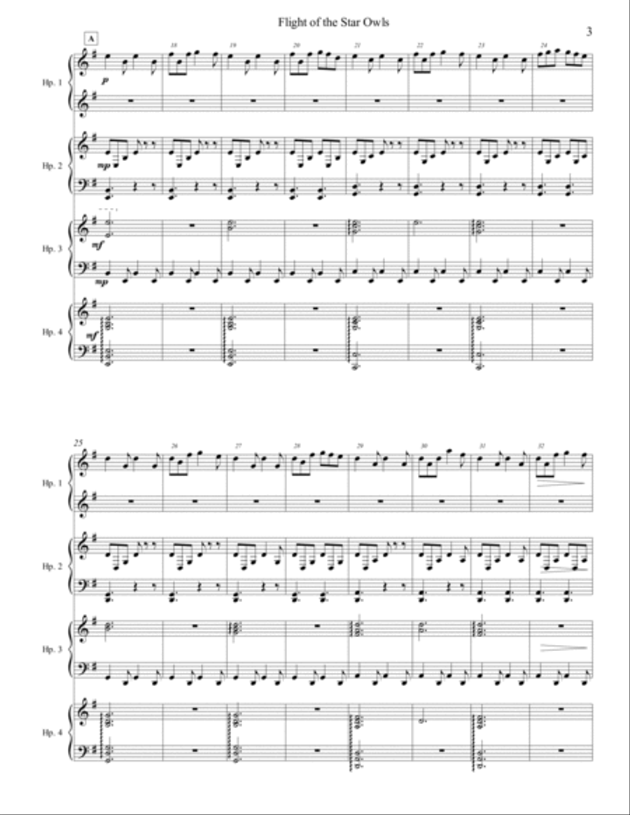 Flight of the Star Owls Harp Arrangement- Full score and parts (E minor) Harp scores gallery preview page 3