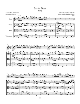 Book cover for Sarah Dear (1905), by Scott Joplin, arranged for Flute & String Trio