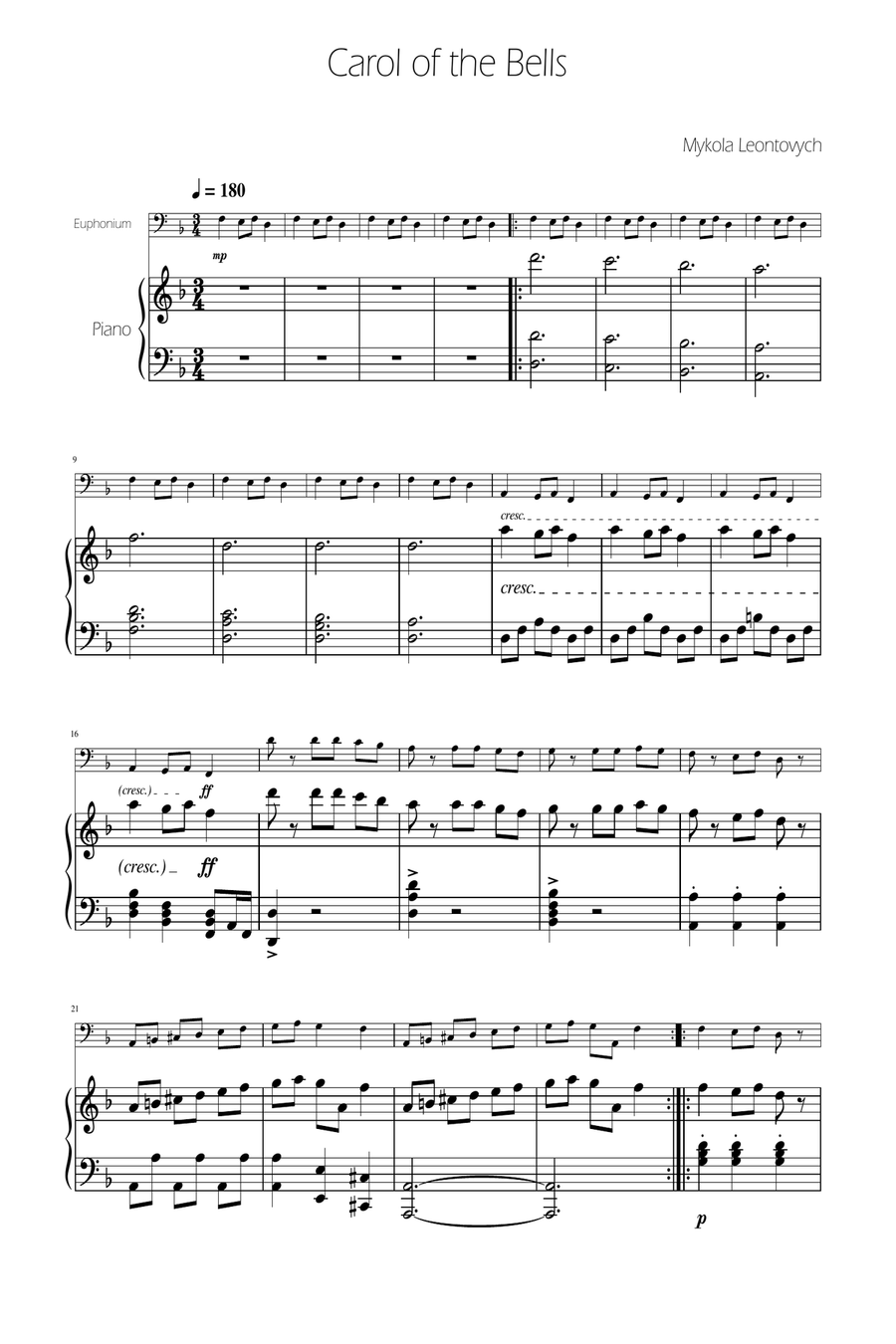 Carol of The Bells - Euphonium Solo Euphonium scores gallery preview page 1