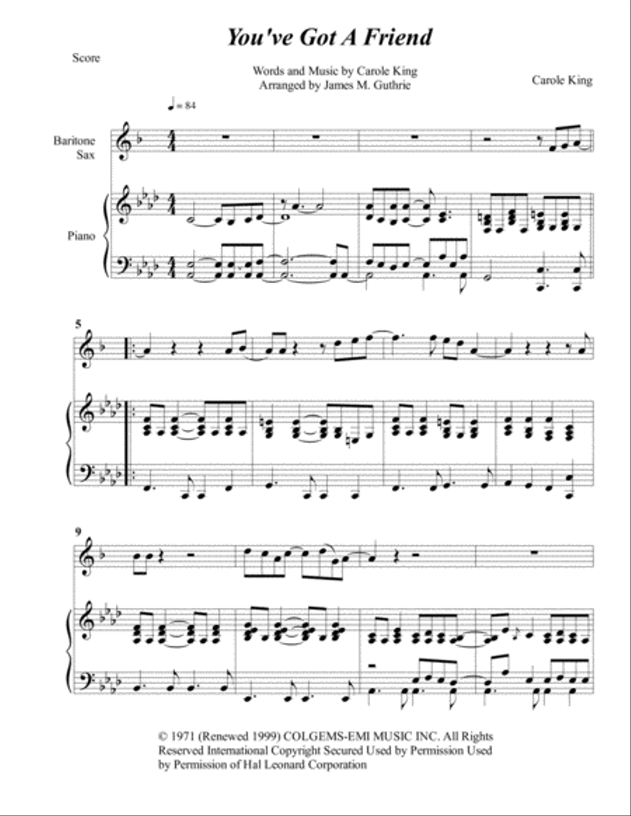 You've Got A Friend You've Got A Friend Baritone Saxophone scores gallery preview page 1