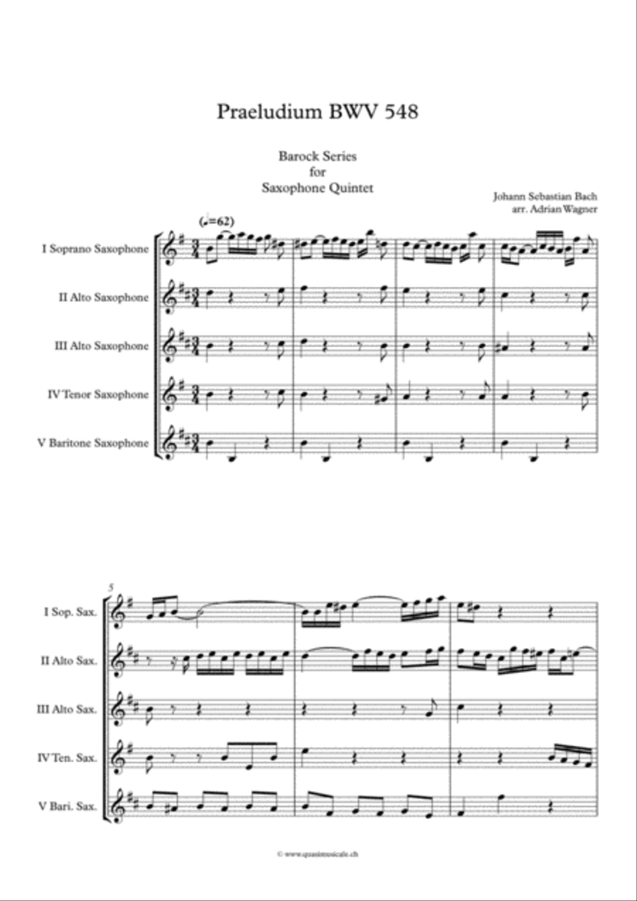 Praeludium BWV 548 (Johann Sebastian Bach) Saxophone Quintet arr. Adrian Wagner Saxophone Quintet scores gallery preview page 2