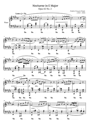 Chopin - Nocturnes,Op.62 No.2 in E Major - Original With Fingering - For Piano Solo